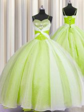 Edgy Spaghetti Straps Yellow Green Sleeveless Organza Lace Up Quinceanera Gowns for Military Ball and Sweet 16 and Quinceanera