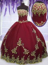  Sleeveless Floor Length Appliques Zipper 15 Quinceanera Dress with Red