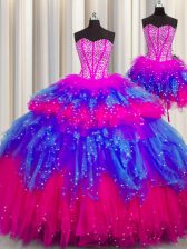 Pretty Three Piece Visible Boning Floor Length Multi-color Quinceanera Dress Tulle Sleeveless Beading