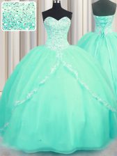  Turquoise Ball Gowns Organza Sweetheart Sleeveless Beading and Appliques With Train Lace Up Quinceanera Gowns Brush Train