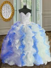  Sweetheart Sleeveless Organza Ball Gown Prom Dress Beading and Ruffles Lace Up