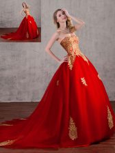  Red Sleeveless With Train Appliques Lace Up Ball Gown Prom Dress
