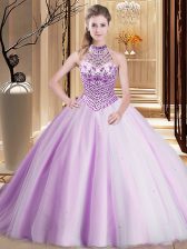 Fashion Halter Top Lilac Sleeveless Tulle Brush Train Lace Up Quince Ball Gowns for Military Ball and Sweet 16 and Quinceanera