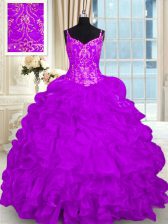 Suitable Spaghetti Straps Sleeveless Brush Train Lace Up Sweet 16 Dresses Purple Organza