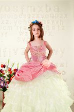  Pink Juniors Party Dress Military Ball and Sweet 16 and Quinceanera with Beading and Ruffled Layers and Hand Made Flower Straps Sleeveless Lace Up