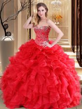 New Arrival Red Lace Up Vestidos de Quinceanera Beading and Ruffles Sleeveless Floor Length