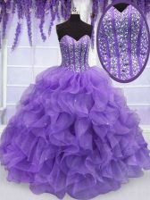 Traditional Ball Gowns 15 Quinceanera Dress Lavender Sweetheart Organza Sleeveless Floor Length Lace Up