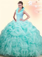  Apple Green Sleeveless Beading and Ruffles and Pick Ups Backless Vestidos de Quinceanera