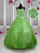  Apple Green Lace Up Pageant Gowns For Girls Beading and Sequins Sleeveless Floor Length