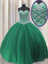 Trendy Dark Green Lace Up Sweetheart Beading and Sequins Quinceanera Dresses Tulle Sleeveless
