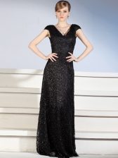 Suitable Black Side Zipper V-neck Beading and Lace Homecoming Dress Lace Cap Sleeves Brush Train