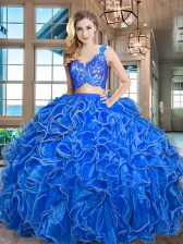 Fantastic Asymmetrical Blue Quince Ball Gowns Organza Sleeveless Lace and Ruffles