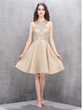 High Class A-line Prom Dresses Champagne High-neck Satin Sleeveless Knee Length Criss Cross