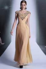 Exquisite Scoop Cap Sleeves Floor Length Beading and Appliques Side Zipper with Peach