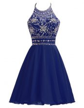 Luxury Halter Top Navy Blue Sleeveless Beading Knee Length Dress for Prom