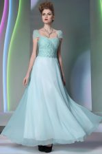 Customized Beading and Lace Prom Gown Light Blue Side Zipper Cap Sleeves Floor Length