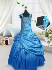  Floor Length Aqua Blue Little Girls Pageant Gowns Satin Sleeveless Beading and Pick Ups