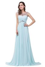 Stunning Scoop Light Blue Sleeveless Chiffon Brush Train Zipper Prom Dresses for Prom and Party