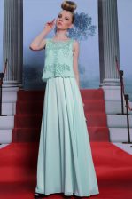 Modern Scalloped Sleeveless Chiffon Floor Length Side Zipper Prom Evening Gown in Apple Green with Embroidery