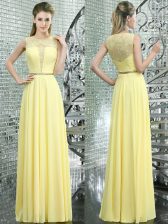 Admirable Scoop Sleeveless Chiffon Floor Length Side Zipper Prom Dress in Yellow with Beading and Lace