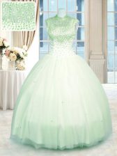 Sophisticated High-neck Sleeveless Tulle Ball Gown Prom Dress Beading Zipper