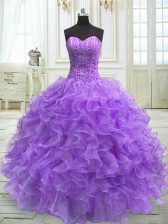Excellent Lavender Sleeveless Organza Lace Up Vestidos de Quinceanera for Military Ball and Sweet 16 and Quinceanera