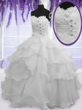  Silver Ball Gown Prom Dress Military Ball and Sweet 16 and Quinceanera with Beading and Ruffled Layers Sweetheart Sleeveless Lace Up