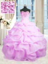 Artistic Sleeveless Floor Length Beading and Ruffles Lace Up 15 Quinceanera Dress with Lilac