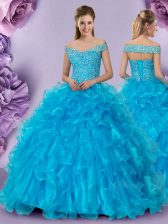 Cheap Baby Blue Organza Lace Up Off The Shoulder Sleeveless Floor Length 15th Birthday Dress Beading and Lace and Ruffles