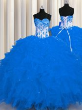 Appliques and Ruffles Quince Ball Gowns Royal Blue Lace Up Sleeveless Floor Length