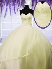 Trendy Sleeveless Floor Length Appliques Lace Up Quinceanera Dress with Light Yellow