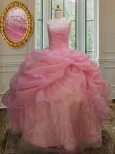  Embroidery and Pick Ups 15th Birthday Dress Pink Lace Up Sleeveless Floor Length