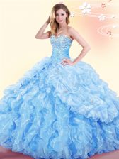 Exceptional Floor Length Baby Blue 15 Quinceanera Dress Organza Sleeveless Beading and Ruffles and Pick Ups