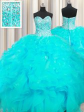 Customized Visible Boning Beaded Bodice Aqua Blue Lace Up Sweetheart Beading and Ruffles Quinceanera Gowns Organza Sleeveless