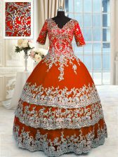 Customized Orange Red V-neck Neckline Beading and Appliques and Ruffles Sweet 16 Dresses Half Sleeves Zipper