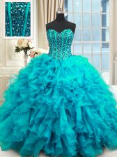  Baby Blue Organza Lace Up 15 Quinceanera Dress Sleeveless Floor Length Beading and Ruffles and Sequins
