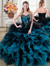 Glamorous Sleeveless Organza and Tulle Floor Length Lace Up Vestidos de Quinceanera in Black and Blue with Beading and Ruffles and Hand Made Flower