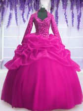 Modern Sequins Pick Ups Fuchsia Long Sleeves Organza Zipper 15 Quinceanera Dress for Military Ball and Sweet 16 and Quinceanera