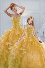  Gold 15 Quinceanera Dress Military Ball and Sweet 16 and Quinceanera with Beading and Ruffled Layers Sweetheart Sleeveless Lace Up