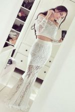  Mermaid White Off The Shoulder Zipper Lace Prom Dresses Long Sleeves
