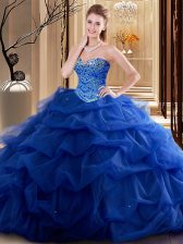  Royal Blue Tulle Lace Up Vestidos de Quinceanera Sleeveless Floor Length Beading