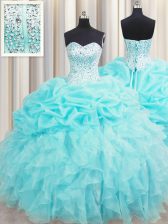 Fantastic Visible Boning Aqua Blue Ball Gown Prom Dress Military Ball and Sweet 16 and Quinceanera with Beading and Ruffles and Pick Ups Sweetheart Sleeveless Lace Up