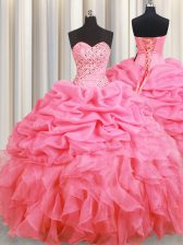  Halter Top Sleeveless Sweet 16 Quinceanera Dress Floor Length Beading and Ruffles and Pick Ups Rose Pink Organza