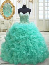  Sleeveless Beading and Ruffles Lace Up 15th Birthday Dress with Apple Green Brush Train