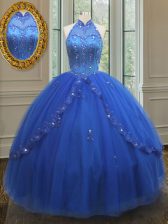 Cute High Neck See Through Beading and Appliques Quinceanera Gowns Royal Blue Lace Up Sleeveless Floor Length