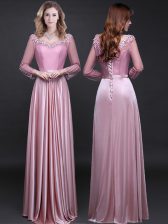 Luxurious Pink Elastic Woven Satin Lace Up Prom Gown Long Sleeves Floor Length Appliques and Belt