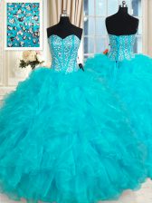 Clearance Floor Length Aqua Blue 15th Birthday Dress Organza Sleeveless Beading and Ruffles