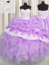 Fabulous Lilac Organza Lace Up Sweetheart Sleeveless Floor Length Quinceanera Dress Beading and Appliques and Ruffles and Pick Ups