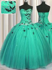 Flirting Sleeveless Tulle Floor Length Lace Up Sweet 16 Dresses in Turquoise with Beading and Appliques