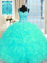  Aqua Blue Organza Lace Up Ball Gown Prom Dress Sleeveless Floor Length Embroidery and Ruffles